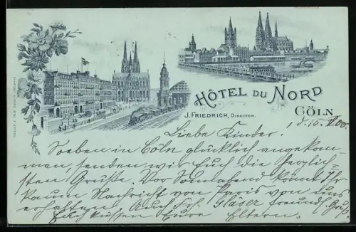 Lithographie Cöln, Hotel du Nord mit Eisenbahnzug, Teilansicht der Stadt mit Rheinbrücke