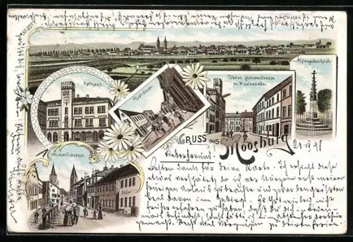 Lithographie Moosburg, Michaelistrasse, Poststrasse, Obere Herrenstrasse m. Mariensäule