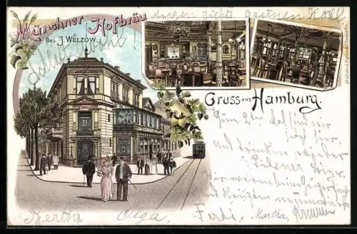 Lithographie Hamburg, Gasthaus Münchner Hofbräu, Kleine Rosenstrasse 16, Bes. Ed. Wulf