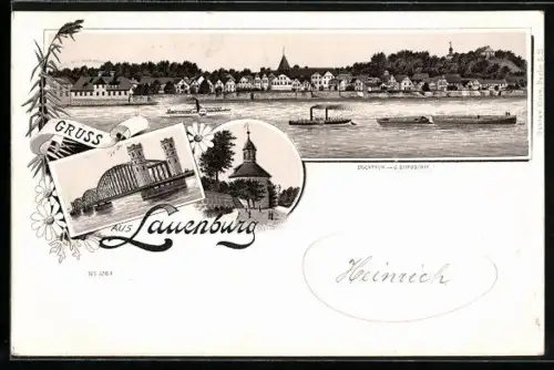Lithographie Lauenburg / Elbe, Blick von der Elbe auf den Ort, Dampfer, Brücke