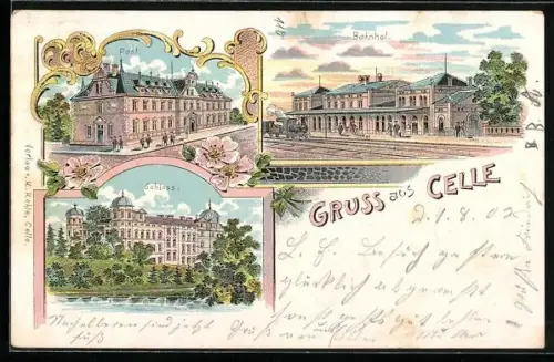 Lithographie Celle, Bahnhof, Partie an der Post, Schoss