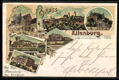Lithographie Eilenburg, Bahnhof, II. Bürgerschule, Post, Rathaus, Schlossberg