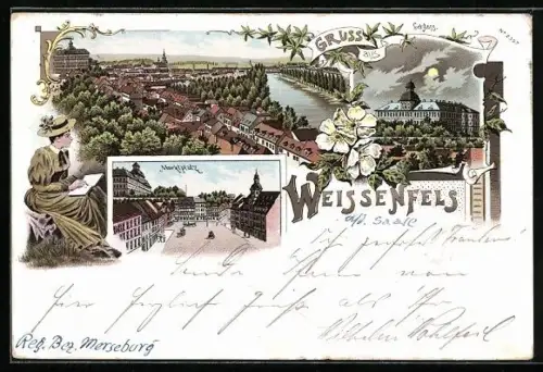 Lithographie Weissenfels, Marktplatz, Schloss, Ortsansicht mit Flusspartie