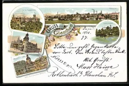 Lithographie Glauchau, Postamt, Marktplatz mit Denkmal, Kaskade im Gründelteich, Totalansicht vom Ort