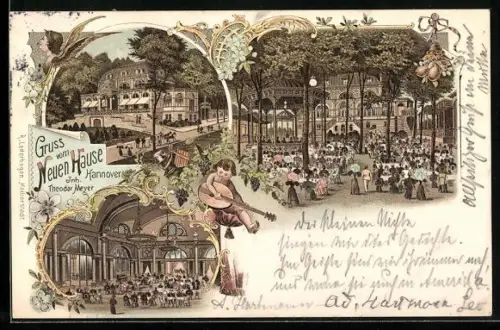 Lithographie Hannover, Gaststätte Neues Haus, Inh. Theodor Meyer, Innen- und Aussenansichten
