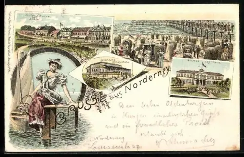 Lithographie Norderney, Dünenhalle, Grosses Logirhaus, Victoriastrasse