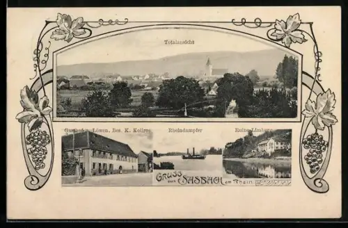 AK Sasbach am Rhein, Gasthof zum Löwen, Bes. K. Kollros, Dampfer auf dem Rhein, Ruine Limburg, Totalansicht des Ortes