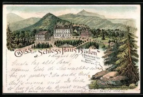 Lithographie Badenweiler, Schloss-Haus Baden, Bes.: Fr. Harrer