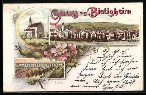 Lithographie Bietigheim / Neckar, Ortsansicht mit Kath. Kirche und Viadukt