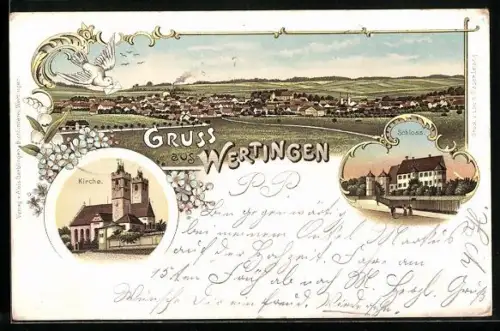Lithographie Wertingen, Teilansicht, Schloss, Kirche
