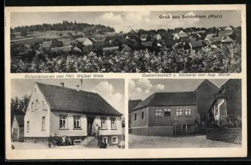 AK Schönborn / Pfalz, GasthausAugust Müller, Kolonialwarengeschäft Phil. Weibel Wwe.