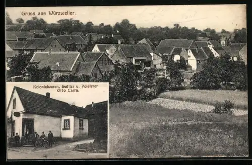 AK Würzweiler, Kolonialwarenhandlung und Sattlerei von Otto Carra, Ortsansicht vom Feld aus