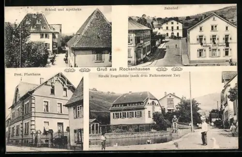 AK Rockenhausen, Strasse Ziegelhütte nach dem Falkensteiner Tal, Bahnhof, Schloss und Apotheke, Prot. Pfarrhaus