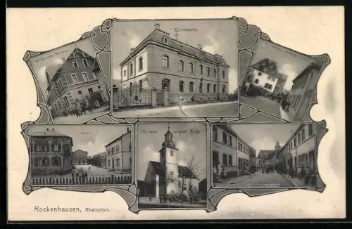 AK Rockenhausen, Marktplatz mit protest. Kirche, Bahnhof, Hauptstrasse mit Kath. Kirche