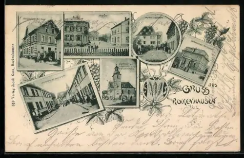 AK Rockenhausen /Pfalz, Bahnhof, Schloss und Apotheke, Marktplatz mit Evangel. Kirche und Kriegerdenkmal, Kath. Pfarrhaus
