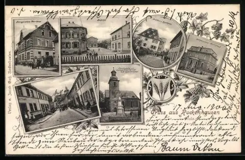 AK Rockenhausen /Pfalz, Bahnhof, Kathol. und Evagel. Pfarrhaus, Schloss, Apotheke, Marktplatz mit Kriegerdenkmal