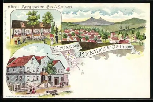 Lithographie Bremke b. Göttingen, Hotel Berggarten, Gasthof A. Strüver, Teilansicht