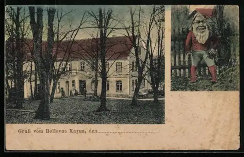 AK Kayna, Gasthof Bellevue im Grünen, Zwergen-Figur
