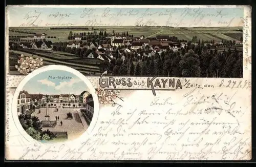 Lithographie Kayna b. Zeitz, Teilansicht, Marktplatz mit Denkmal