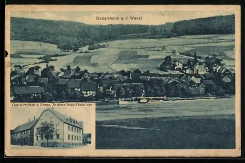 AK Oedelsheim, Gastwirtschaft zur Krone, Panorama an der Weser mit Dampfer