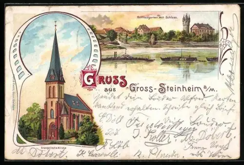 Lithographie Gross-Steinheim, Schlossgarten mit schloss, Evangelische Kirche