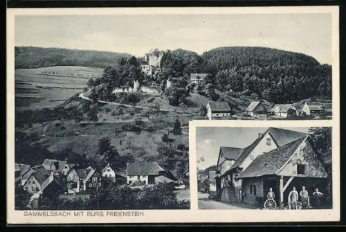 AK Gammelsbach, Gasthaus zur Krone, Bes. Friedrich Fosshag, Ortsansicht mit Burg Freienstein