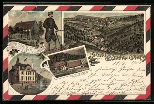 Lithographie St. Andreasberg, Grube Neufang, Forsthaus Schluft, Kaiserliches Postamt mit Denkmal, Grubenarbeiter