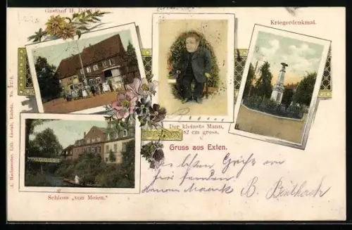 AK Exten, Gasthof H. Rohe jr., Kriegerdenkmal, Schloss von Meien, Der kleinste Mann, 82cm gross
