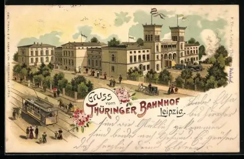 Lithographie Leipzig, Thüringer Bahnhof mit Strassenbahn