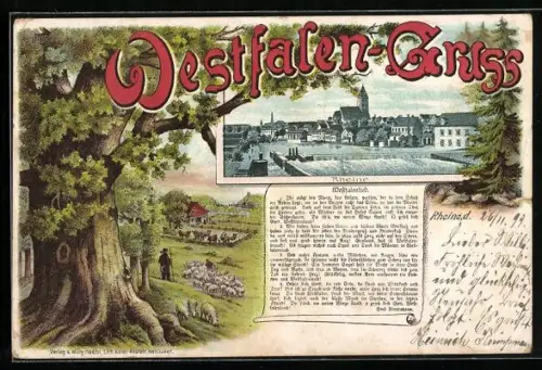 AK Witten, Text zum Westfalenlied, Hirte mit Schafherde, Ortsansicht
