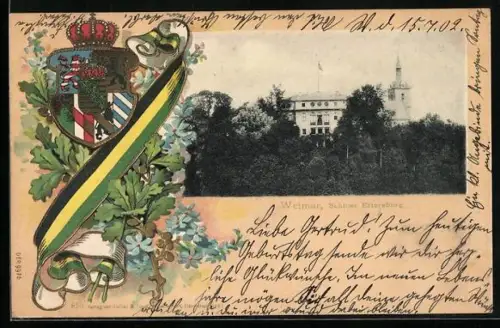 Passepartout-Lithographie Weimar / Thüringen, Schloss Ettersburg, Stadt-Wappen