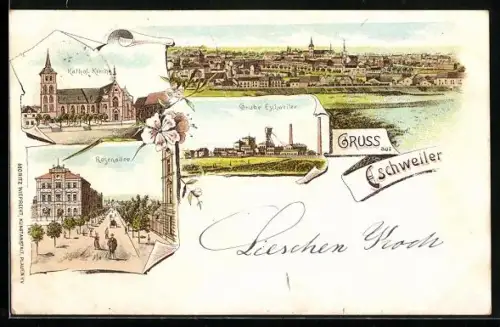 Lithographie Eschweiler, Strasse Rosenallee, Grube, Kathol. Kirche