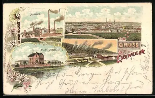 Lithographie Eschweiler, Kohlezeche Concordia, Totalansicht des Ortes, städtisches Schlachthaus, Eisenwerke Lynch & Cie