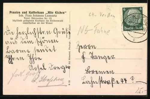 AK Dörverden, Pension und Kaffeehaus Alte Eichen, Inh. Frau Johanne Lennartz, -Fahne