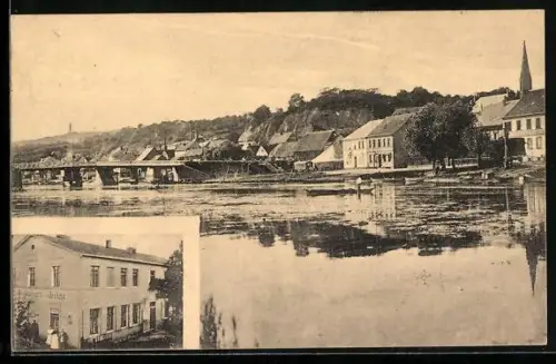 AK Oderberg i. M., Hotel und Restaurant von August Irrlitz, Inh. Ww. Emilie Irrlitz, Ortsansicht mit Brücke