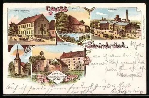 Lithographie Steinbrück / Söhlde, Gasthof Lütgerding, Burg Steinbrück, Zuckerfabrik, Zwinger, Kirche