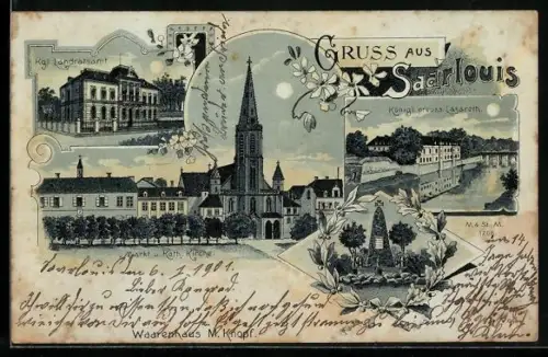 Mondschein-Lithographie Saarlouis, Königl. Landratsamt, Königl. preuss. Lazarett, Kriegerdenkmal, Kirche