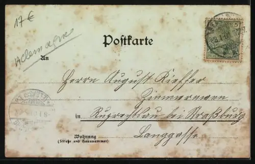 Mondschein-Lithographie Saarlouis, Königl. Landratsamt, Königl. preuss. Lazarett, Kriegerdenkmal, Kirche