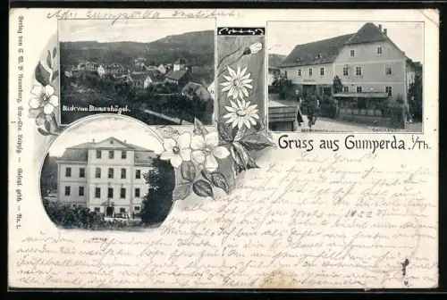 AK Gumperda i. Th., Gasthaus, Schloss, Blick vom Blumenhügel