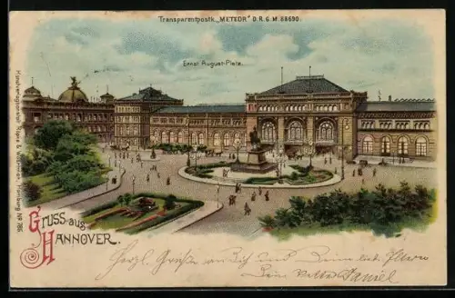 Lithographie Hannover, Ernst August-Platz mit Passanten, Leuchtende Laternen, Halt gegen das Licht