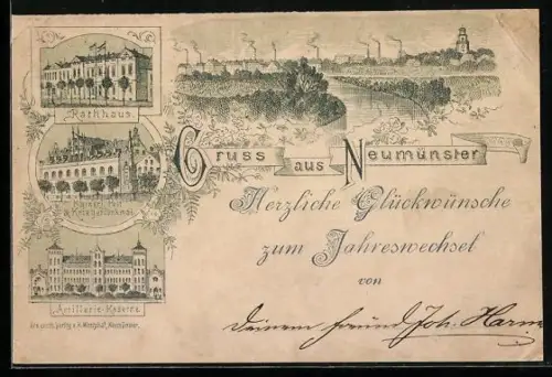 Vorläufer-Lithographie Neumünster, 1894, Artillerie-Kaserne, Post und Kriegerdenkmal, Rathaus