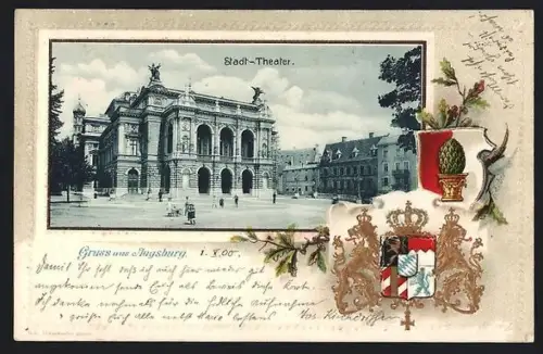 Passepartout-Lithographie Augsburg, Stadt Theater, Wappen