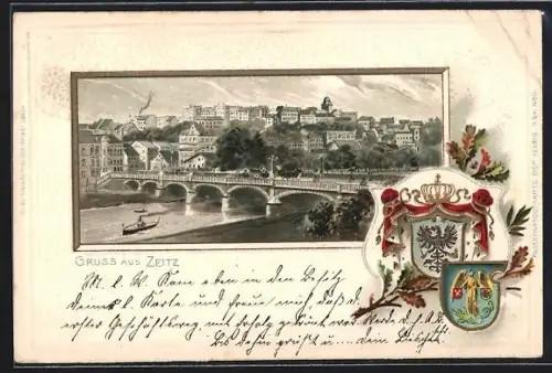 Passepartout-Lithographie Zeitz, Ortsansicht mit Brücke und Dampfer, Wappen
