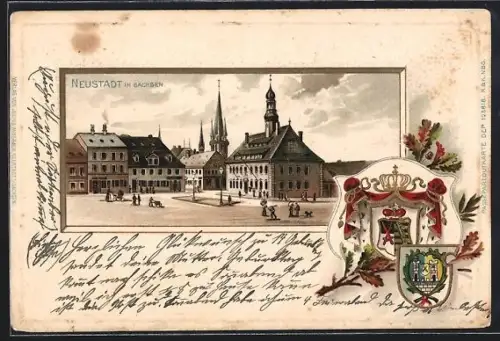 Passepartout-Lithographie Neustadt / Sachsen, Marktplatz mit Kirche, Wappen