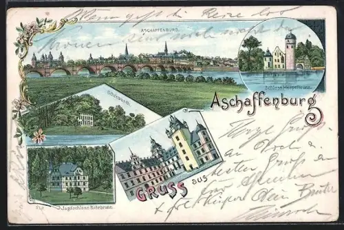 Lithographie Aschaffenburg, Mainbrücke, Schloss Mespelbrunn, Schönbusch, Jagdschloss Rohrbrunn