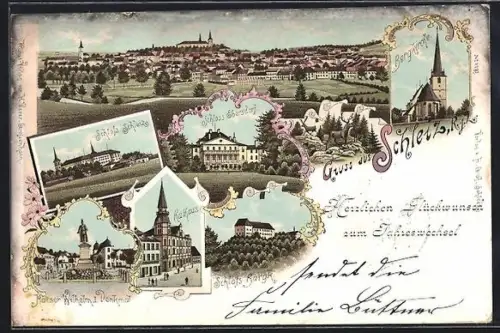 Lithographie Schleiz, Schloss, Kaiser Wilhelm I. Denkmal, Ortsansicht