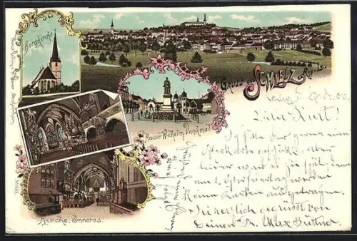 Lithographie Schleiz, Kaiser Wilhelm-Denkmal, Bergkirche und Panoramablick auf die Stadt