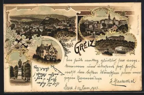 Lithographie Greiz, Odd-Fellow-Heim, Kaiser-Denkmal, Oberes Schloss