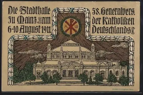 Künstler-AK Mainz, 58. Generalversammlung der Katholiken Deutschlands in der Stadthalle 1911