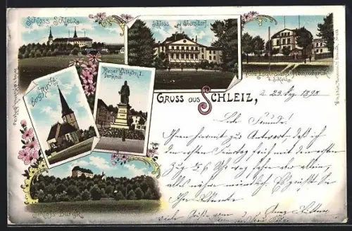 Lithographie Schleiz, Schloss Ebersdorf, Bergkirche, Schloss Schleiz